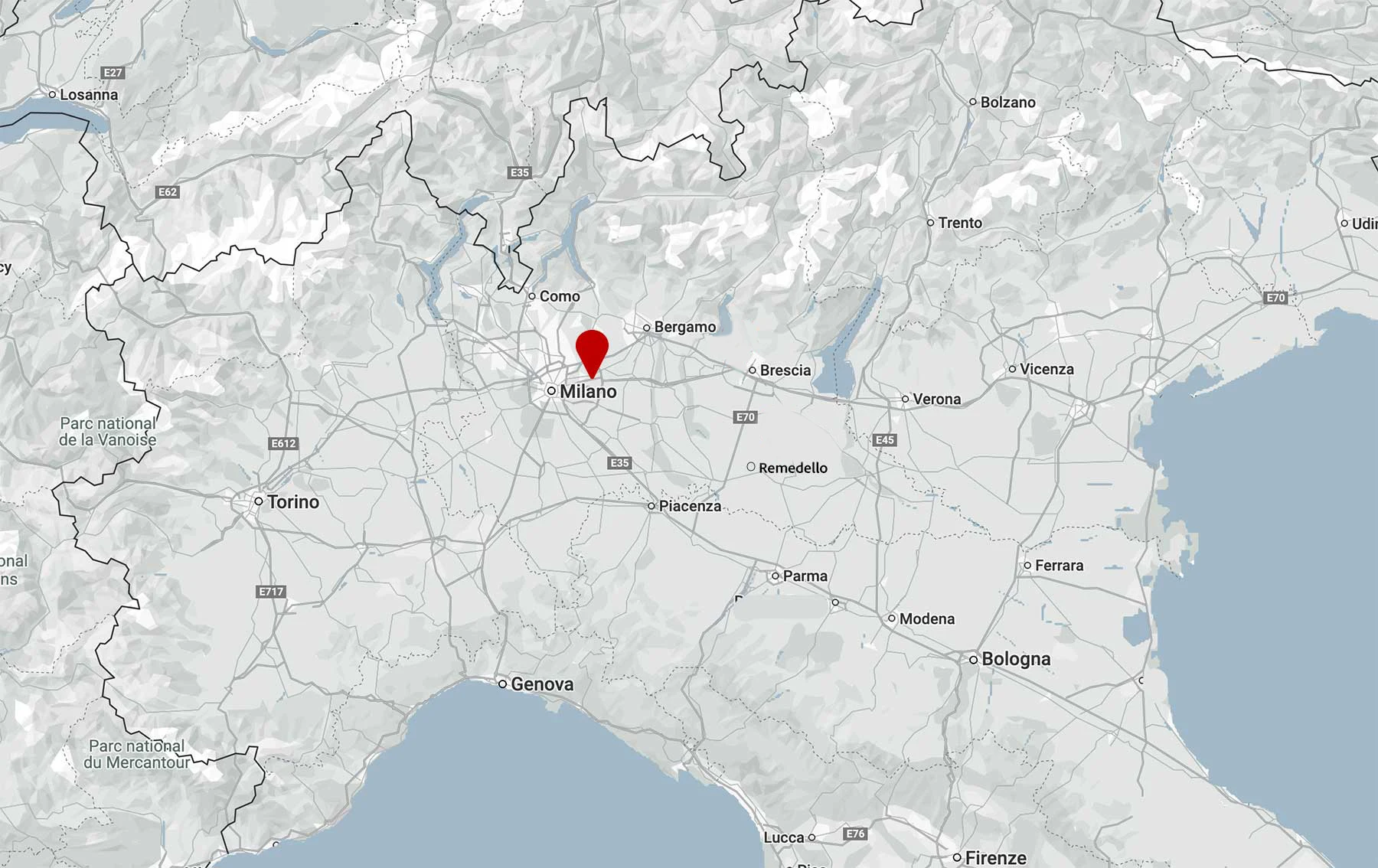 Mappa  nord Italia con marker per indicare sede Milano Piamarta fasce deboli